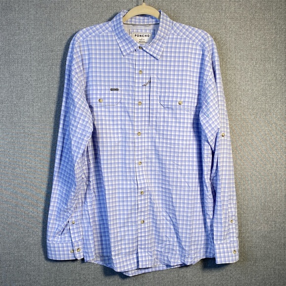 Poncho The Wahoo Large Men’s Blue White Check Performance Outdoor Fishing Shirt - Picture 1 of 9